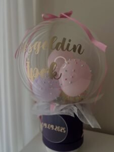 Açılı görünüm: altın "Hosgeldin" yazısının ardında köpük toplu pembe balon, tepede pembe fiyonk, altta beyaz kâğıt